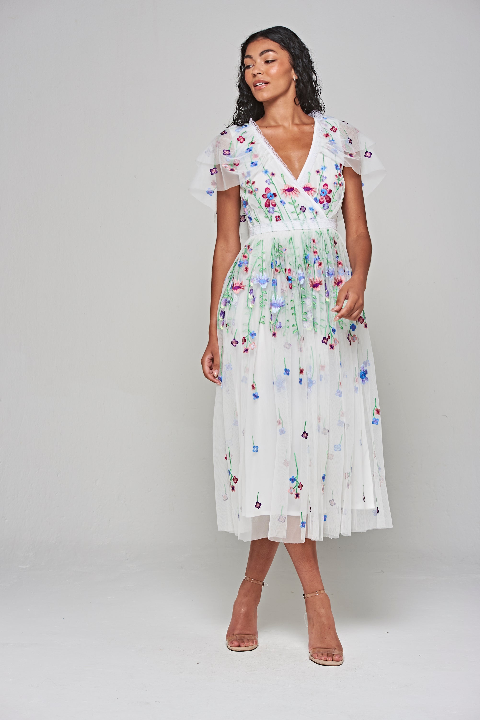 Suzette White Floral Embroidered Midi Dress – Frock and Frill