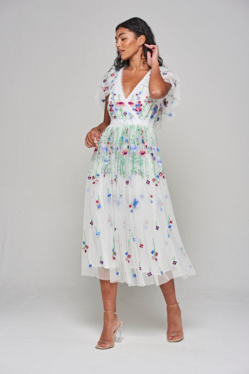 white dress with florals Suzette Floral Embroidered Midi – Frock and Frill Short 8 Zara - Halter Maxi Size:L (16-16.5 / 34-35) modelCode_KN045