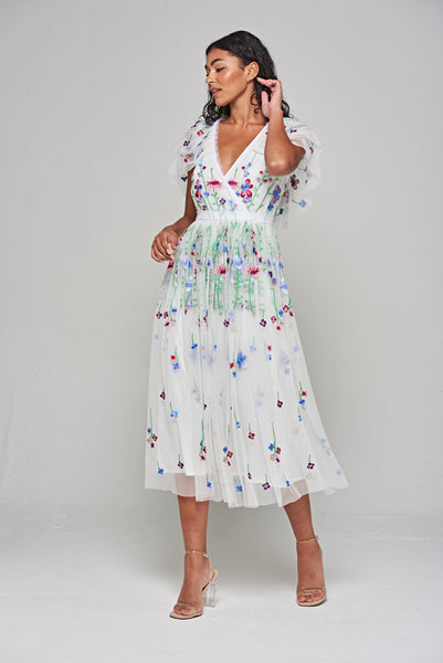 Suzette White Floral Embroidered Midi Dress – Frock and Frill