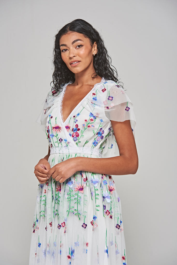 Suzette White Floral Embroidered Midi Dress – Frock and Frill