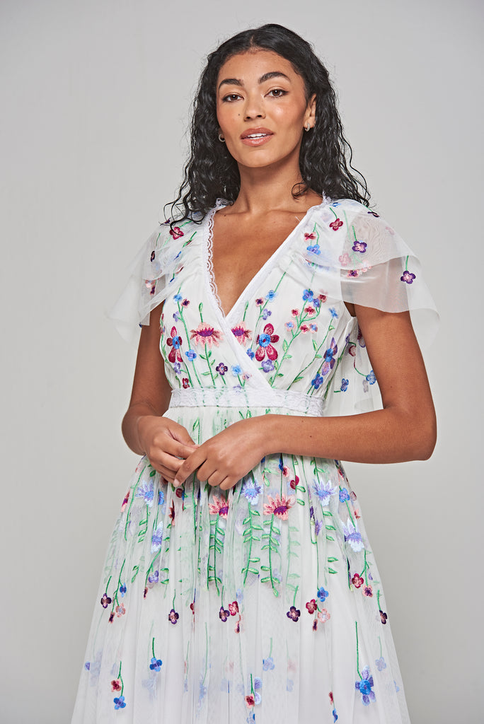 Suzette White Floral Embroidered Midi Dress – Frock and Frill