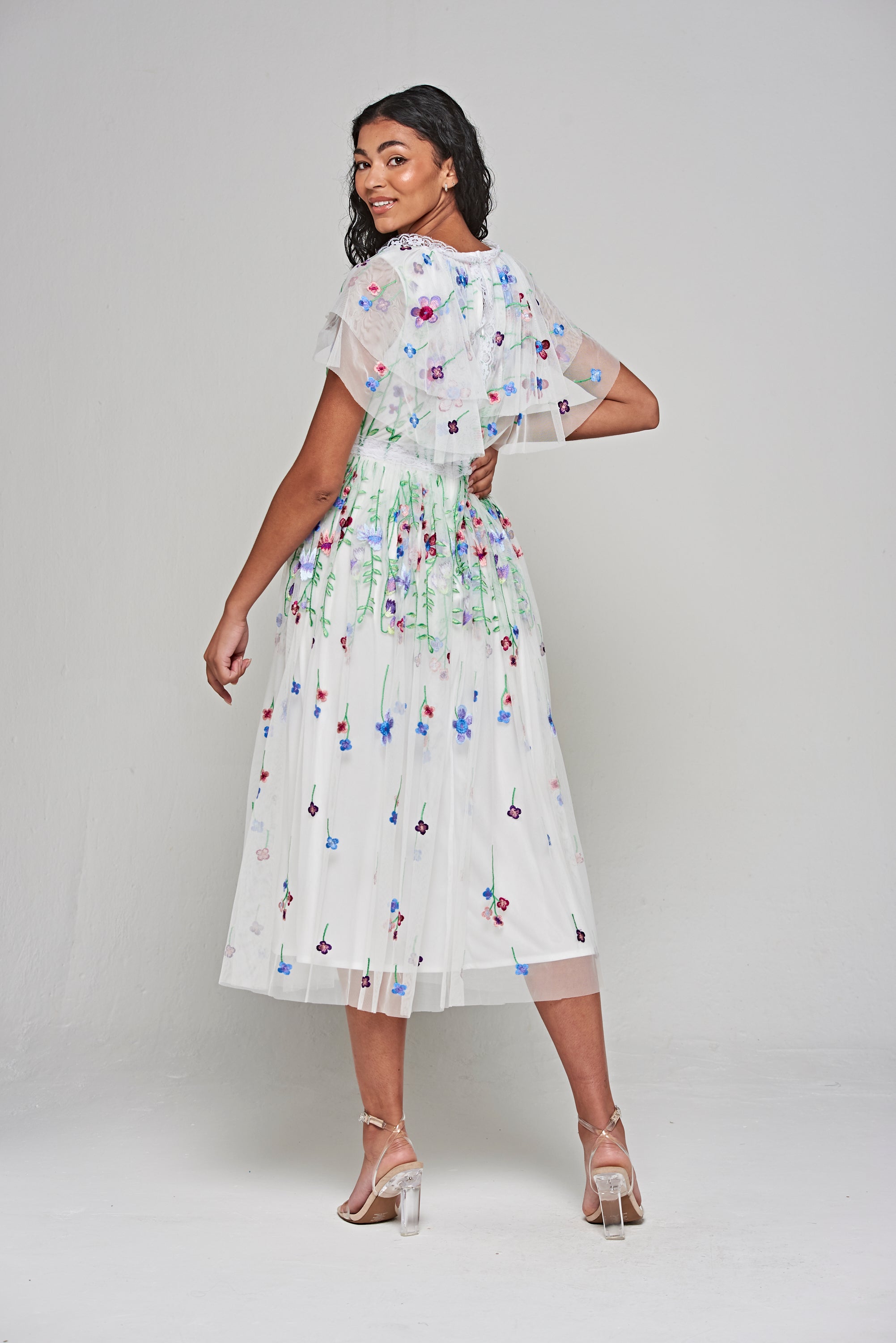Suzette White Floral Embroidered Midi Dress – Frock and Frill