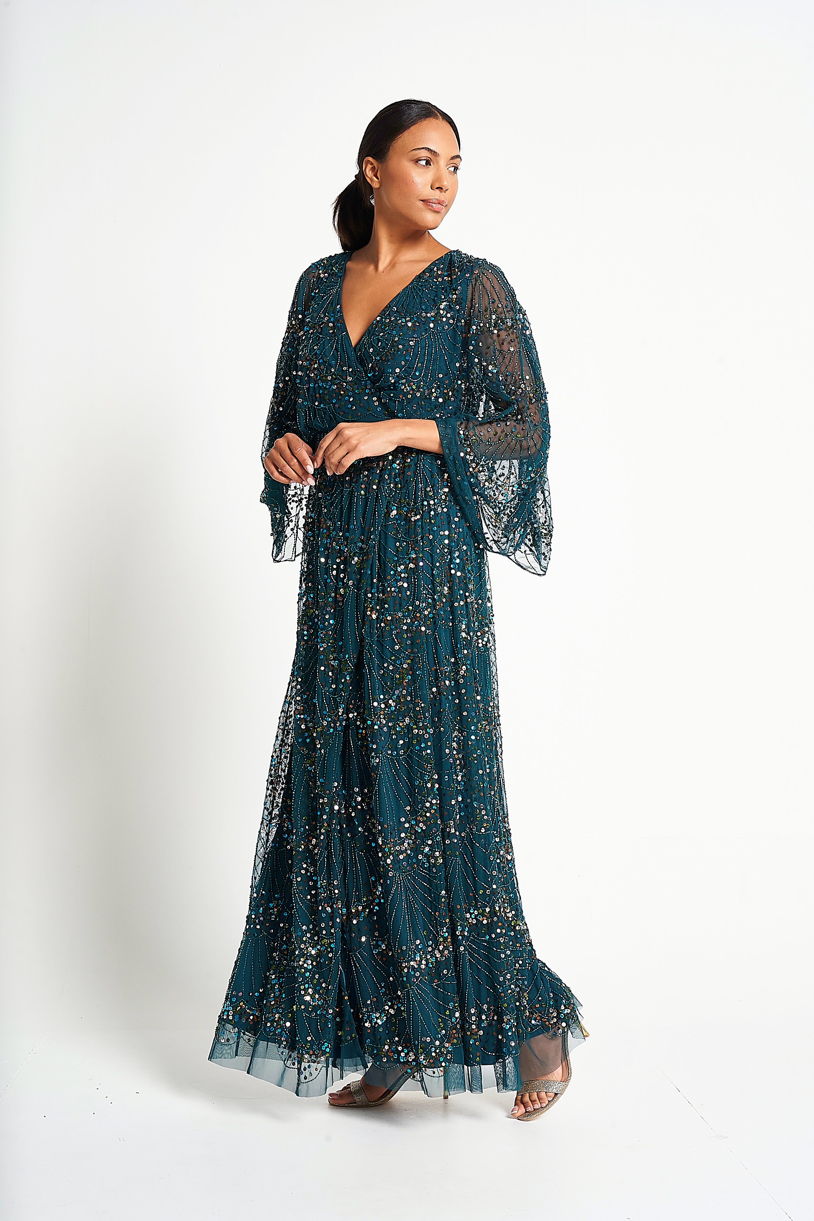 green sparkly maxi dress Embellished Split Hem Sleeveless Sequin Scoop Neck, Talia Maxi Dress in Green, Size XS, For Cocktail