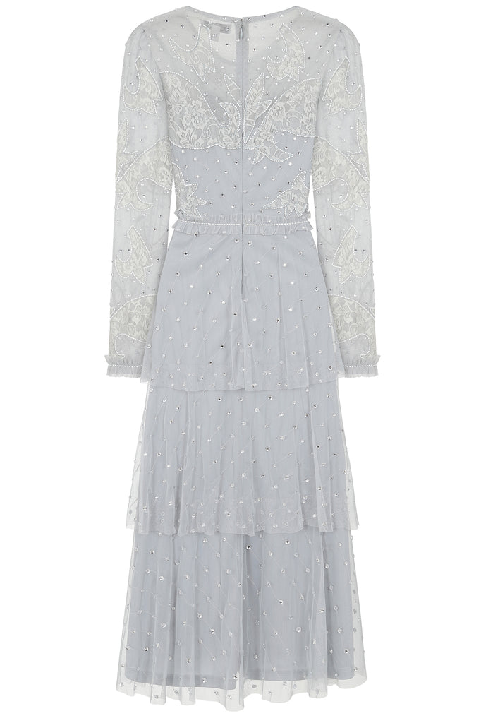 Sylvia Vapour Embellished Tiered Midi Dress