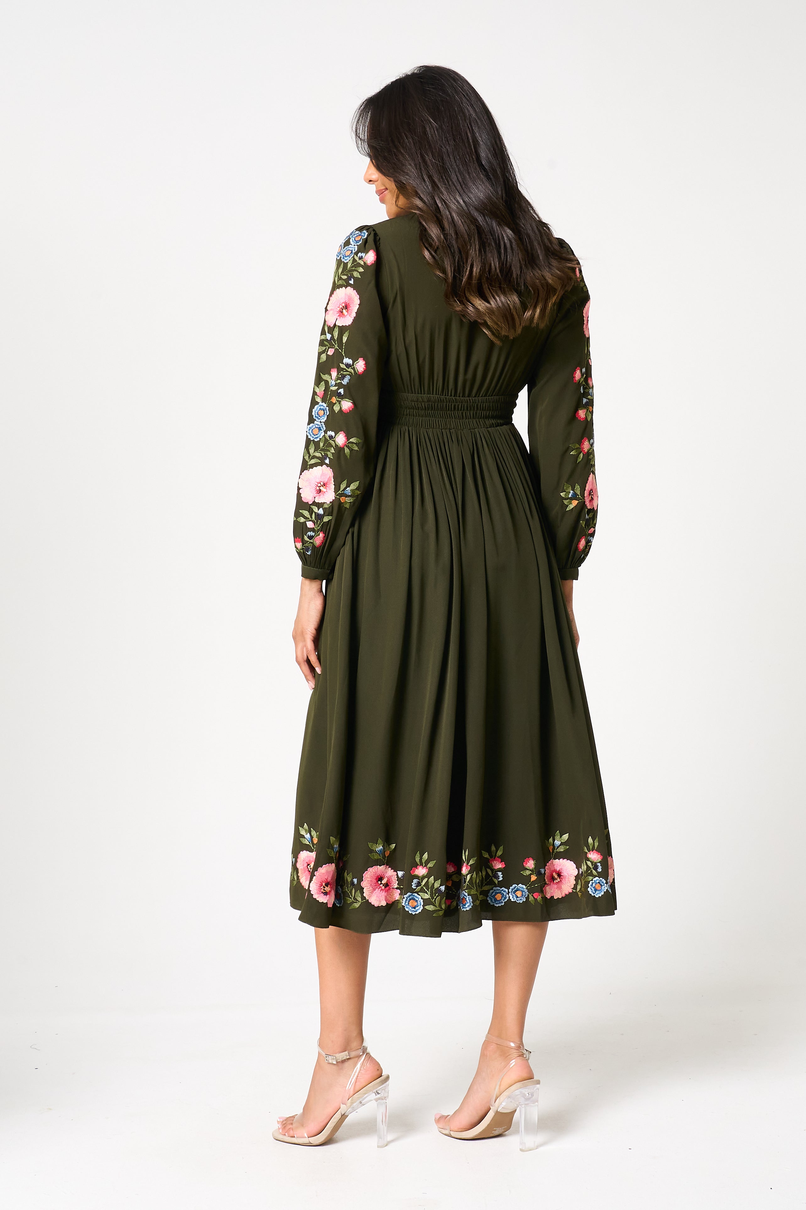Taina Olive Floral Embroidered Midi Dress