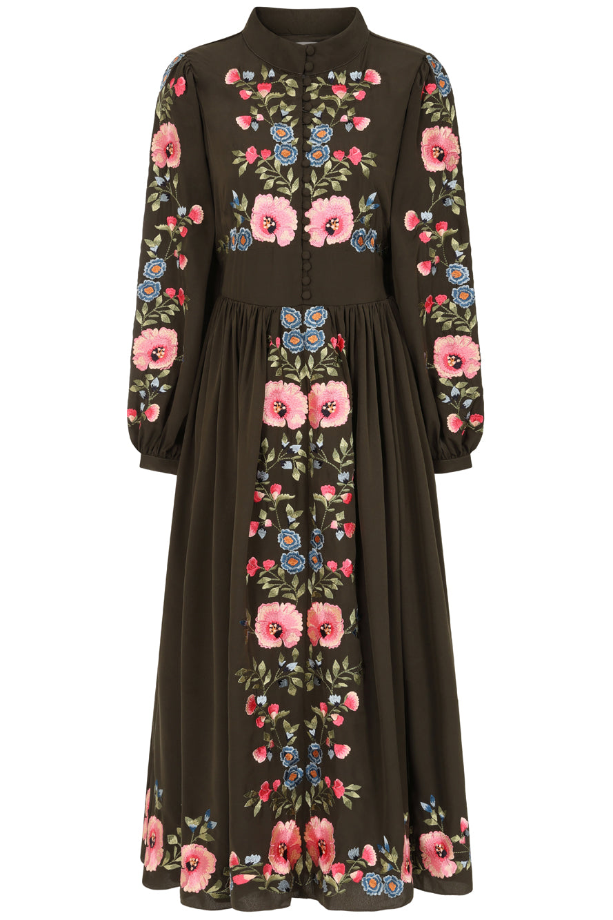 Taina Olive Floral Embroidered Midi Dress