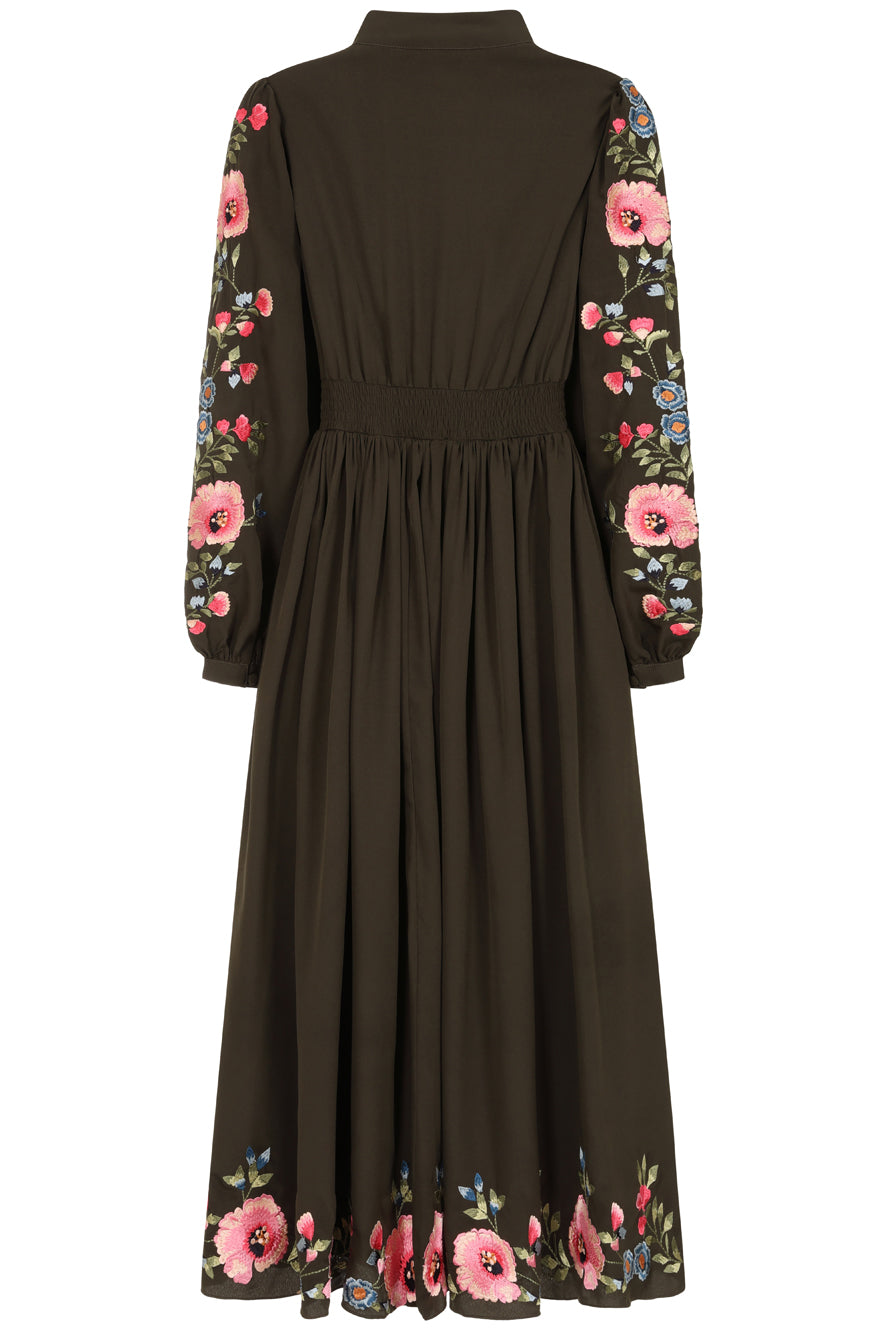 Taina Olive Floral Embroidered Midi Dress