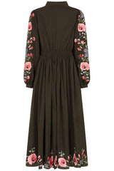 Taina Olive Floral Embroidered Midi Dress