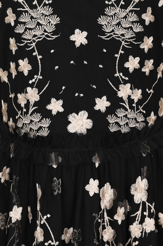 Talia Black Floral Embroidered Midi Dress