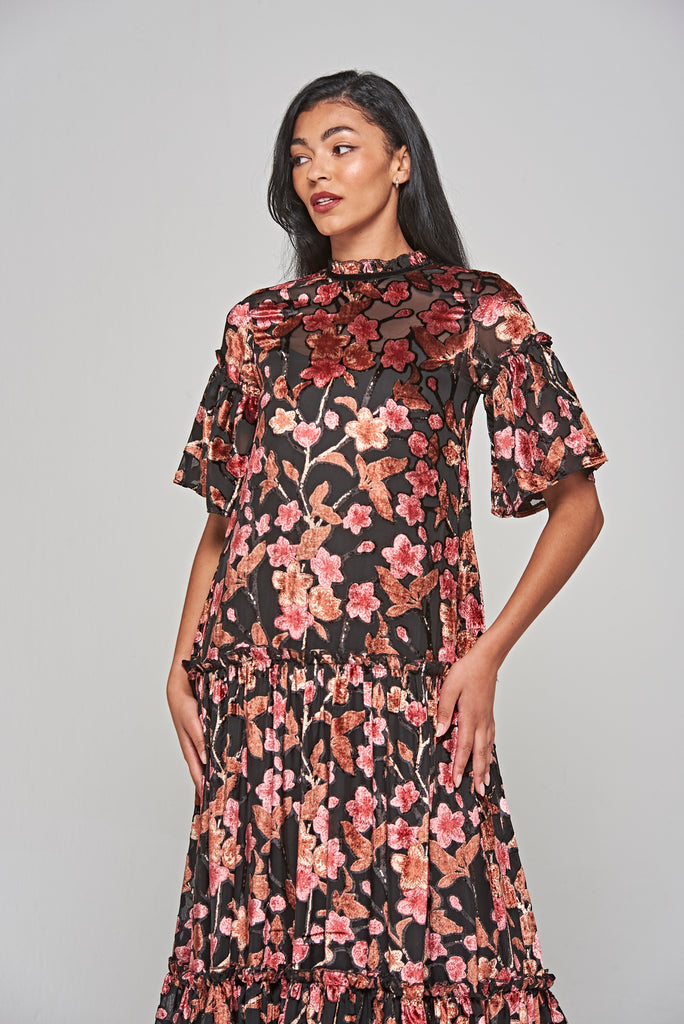 Talise Black Floral Burnout Velvet Maxi Dress