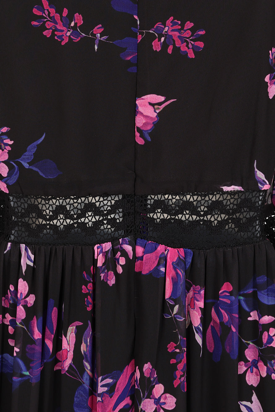 Talvi Black Floral Print Maxi Dress with Lace Panels