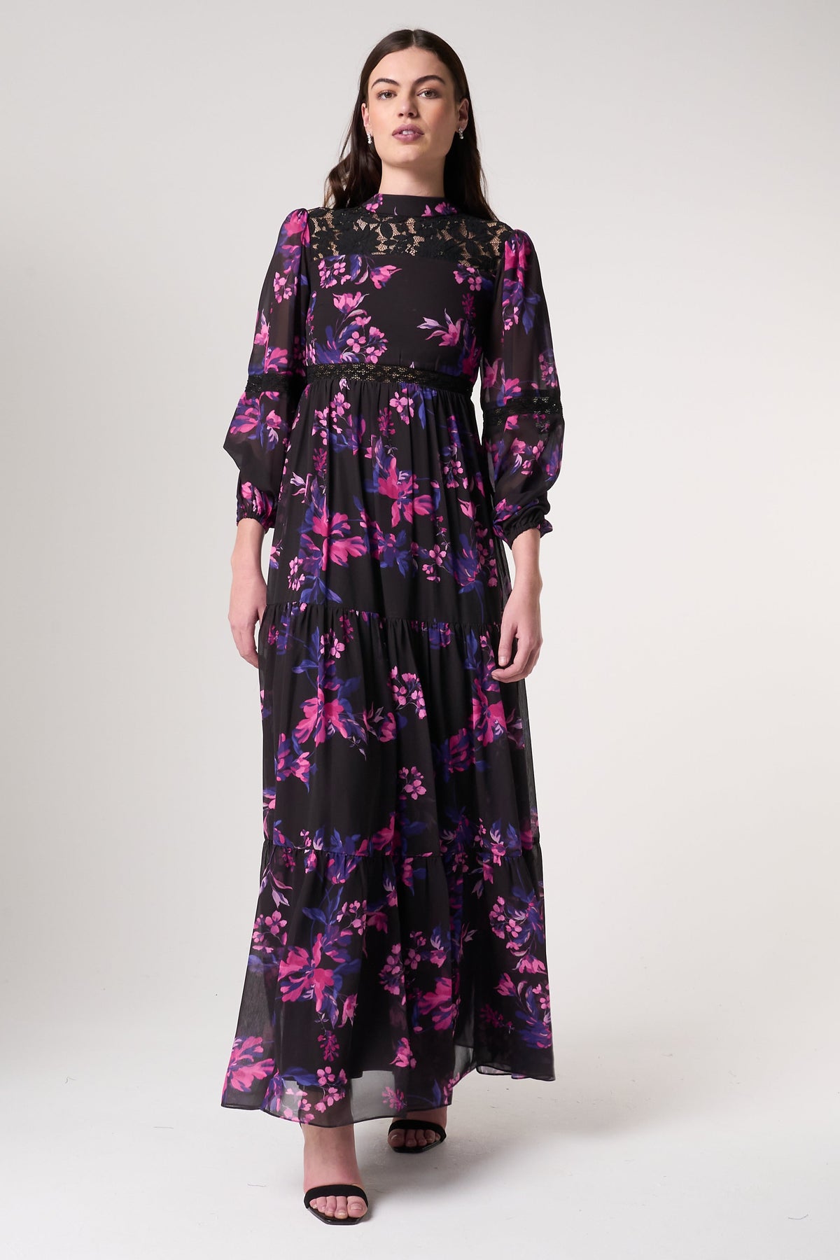 black and purple floral dress Talvi Black Floral Print Maxi Dress with Lace Panels – Frock and Frill