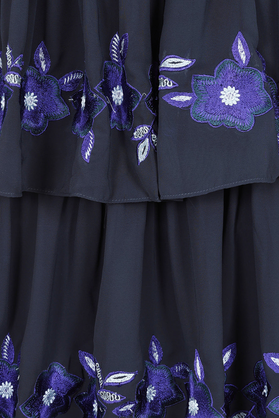 Tamsin Navy Floral Embroidered Midi Dress with Tiered Skirt Frock and Frill Tamsin Navy Floral Embroidered Midi Dress with Tiered Skirt Frock and Frill
