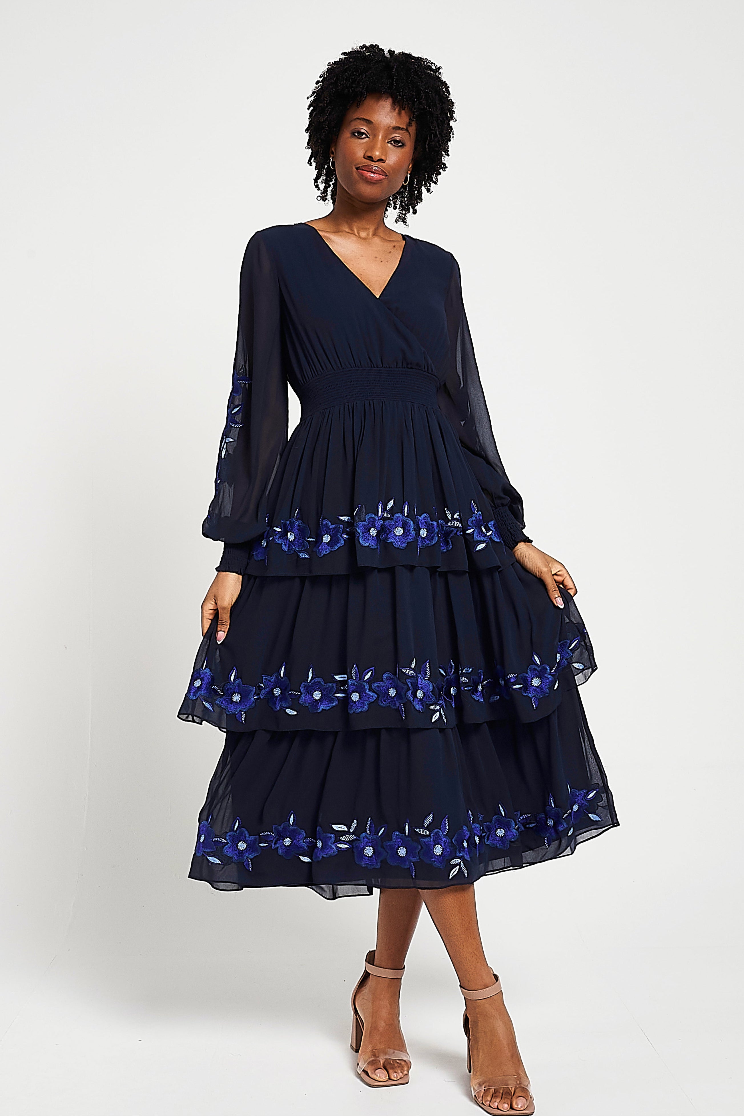 Tamsin Navy Floral Embroidered Midi Dress with Tiered Skirt Frock and Frill Tamsin Navy Floral Embroidered Midi Dress with Tiered Skirt Frock and Frill