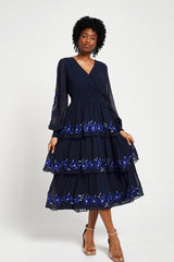 Tamsin Navy Floral Embroidered Midi Dress with Tiered Skirt