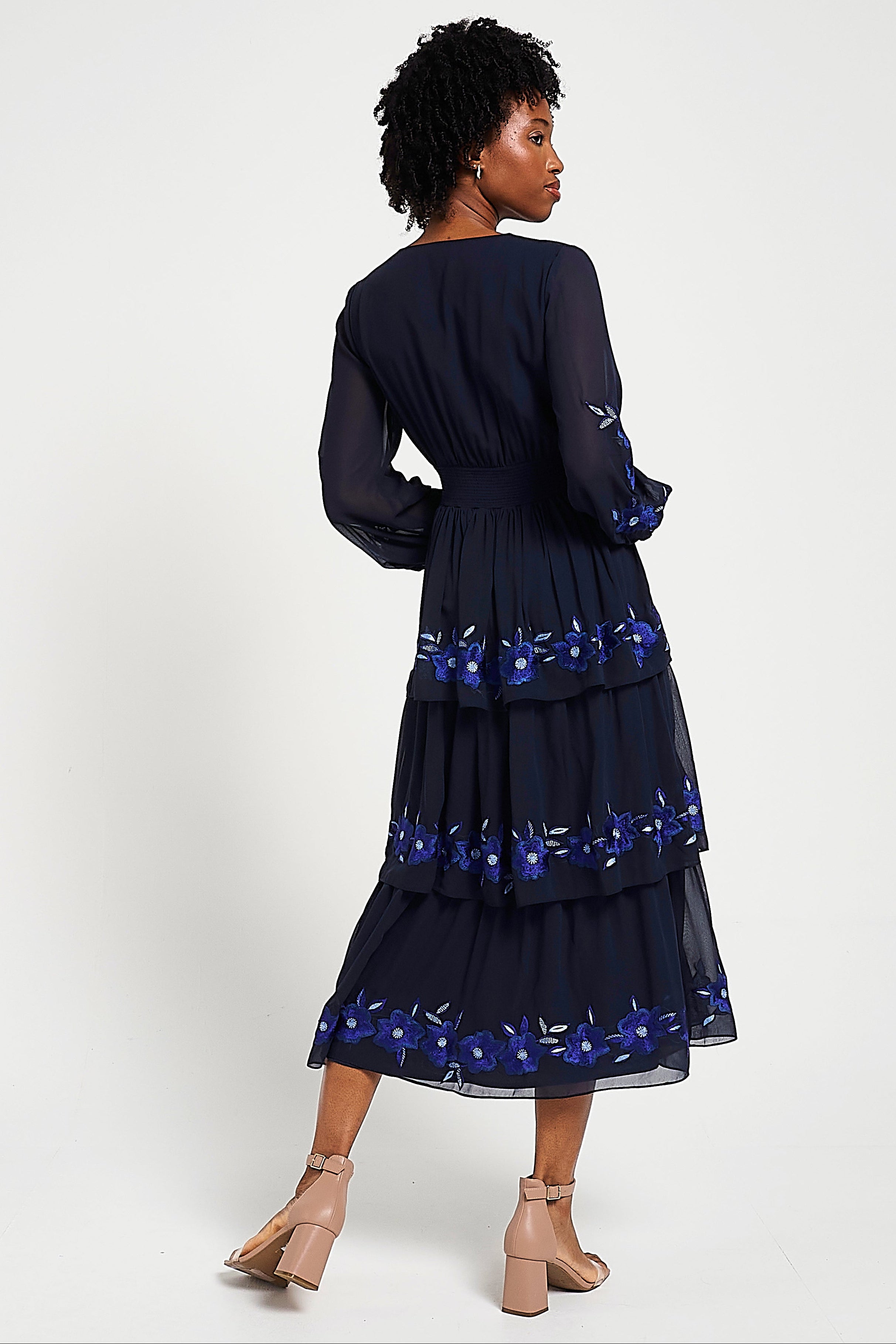 Tamsin Navy Floral Embroidered Midi Dress with Tiered Skirt Frock and Frill Tamsin Navy Floral Embroidered Midi Dress with Tiered Skirt Frock and Frill