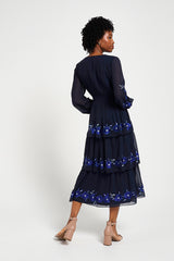 Tamsin Navy Floral Embroidered Midi Dress with Tiered Skirt