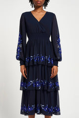 Tamsin Navy Floral Embroidered Midi Dress with Tiered Skirt
