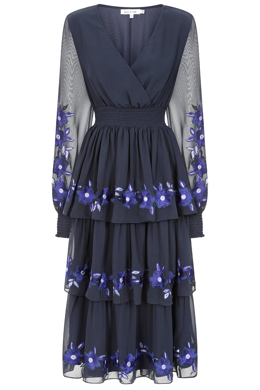 Tamsin Navy Floral Embroidered Midi Dress with Tiered Skirt Frock and Frill Tamsin Navy Floral Embroidered Midi Dress with Tiered Skirt Frock and Frill