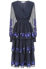 Tamsin Navy Floral Embroidered Midi Dress with Tiered Skirt