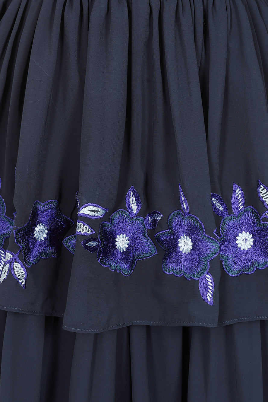 Tamsin Navy Floral Embroidered Midi Dress with Tiered Skirt Frock and Frill Tamsin Navy Floral Embroidered Midi Dress with Tiered Skirt Frock and Frill