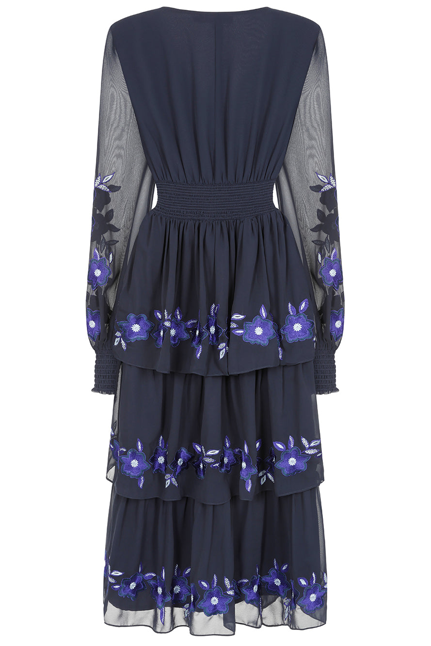 Tamsin Navy Floral Embroidered Midi Dress with Tiered Skirt Frock and Frill Tamsin Navy Floral Embroidered Midi Dress with Tiered Skirt Frock and Frill