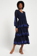 Tamsin Navy Floral Embroidered Midi Dress with Tiered Skirt