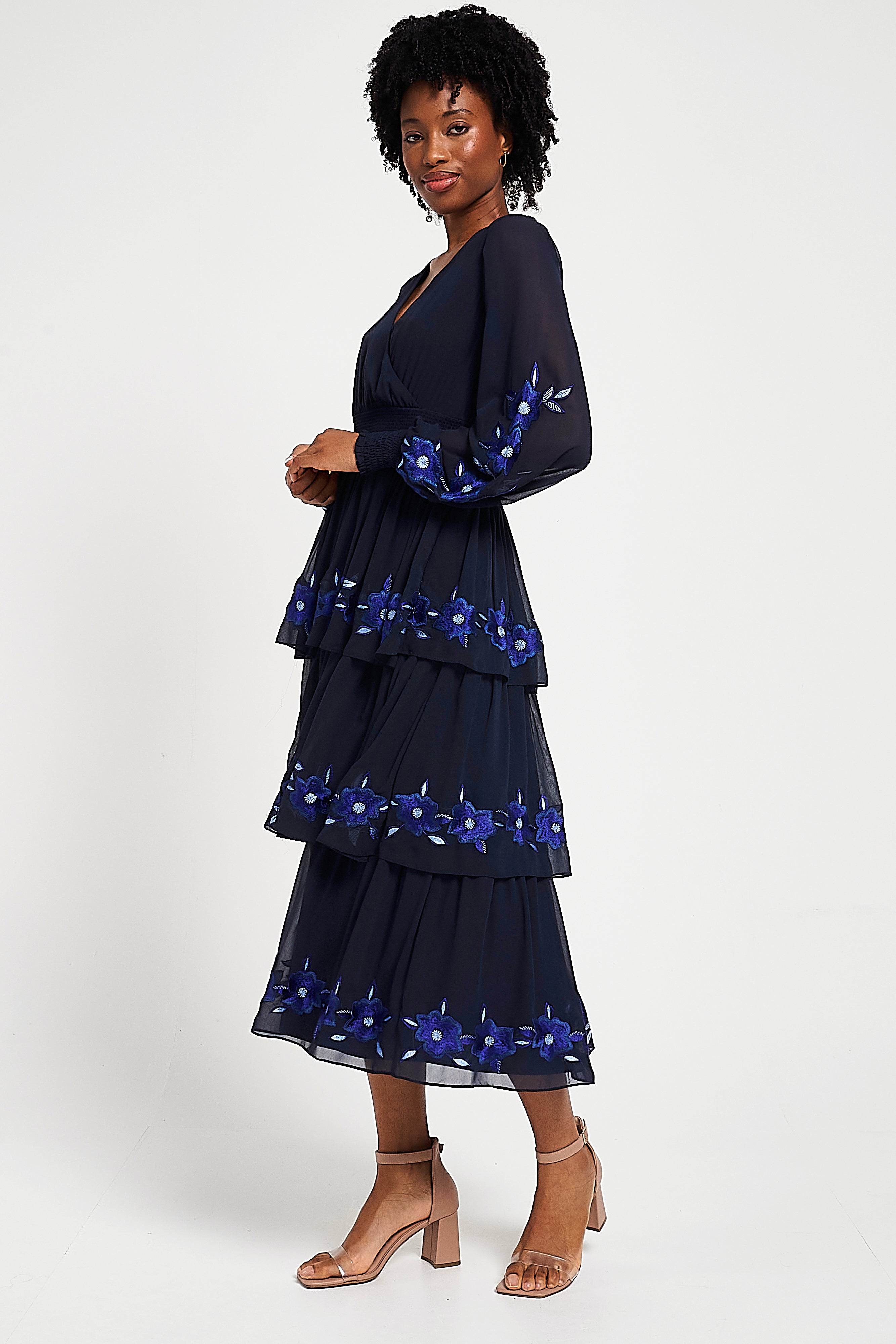 Tamsin Navy Floral Embroidered Midi Dress with Tiered Skirt – Frock and