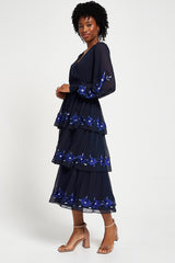 Tamsin Navy Floral Embroidered Midi Dress with Tiered Skirt