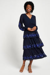 Tamsin Navy Floral Embroidered Midi Dress with Tiered Skirt