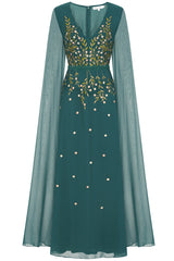 Thalia Green Embroidered Maxi Dress with Cape Sleeves