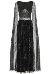 Ula Black Embellished Cape Sleeve Maxi Dress