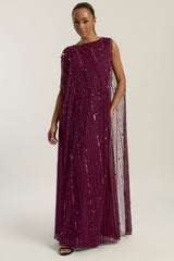 Valencia embellished maxi dress with sheer mesh overlay, intricate tonal beadwork and flowing pleated skirt, elegant beaded evening gown for weddings and formal occasions.