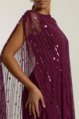 Valencia embellished maxi dress with sheer mesh overlay, intricate tonal beadwork and flowing pleated skirt, elegant beaded evening gown for weddings and formal occasions.