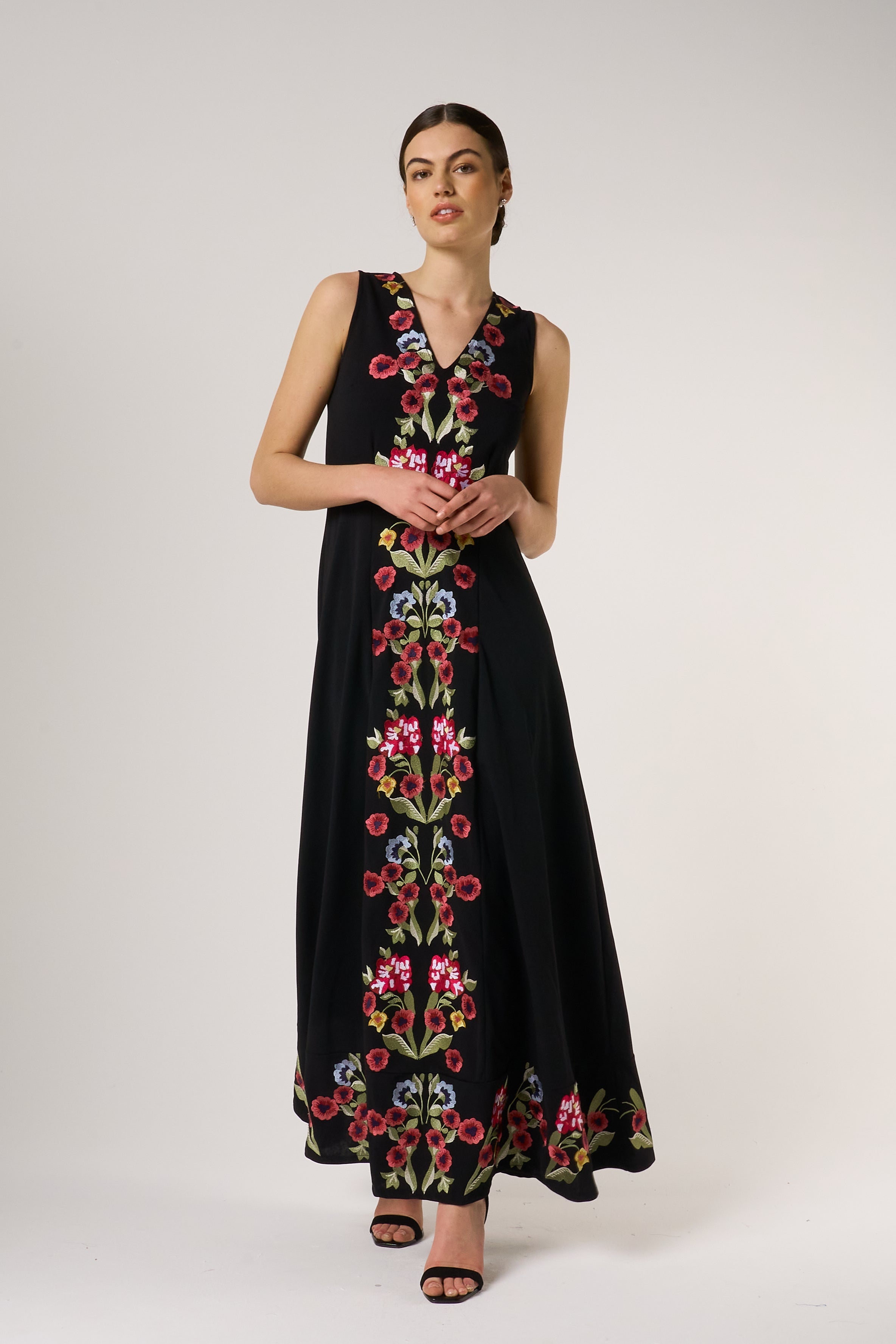Valentina Black Floral Embroidered Maxi Dress with Pleated Cape Frock and Frill Valentina Black Floral Embroidered Maxi Dress with Pleated Cape Frock and Frill