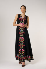 Valentina Black Floral Embroidered Maxi Dress with Pleated Cape