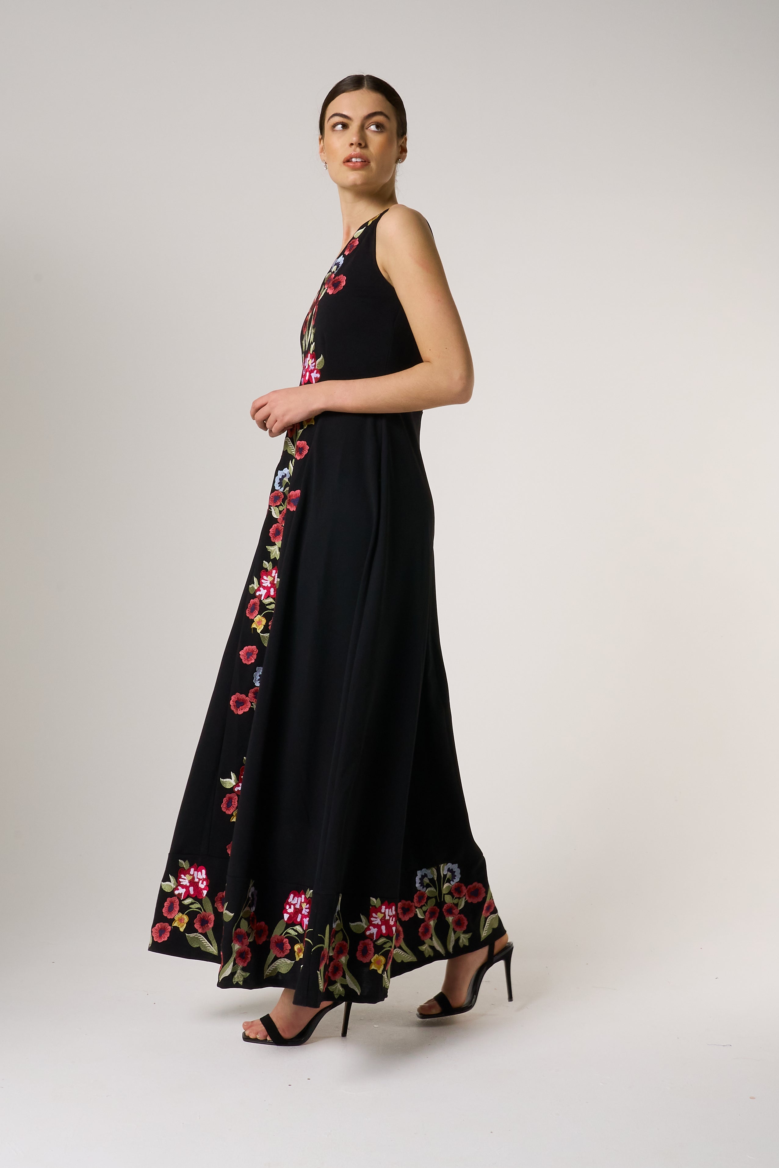 Valentina Black Floral Embroidered Maxi Dress with Pleated Cape – Frock