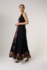 Valentina Black Floral Embroidered Maxi Dress with Pleated Cape