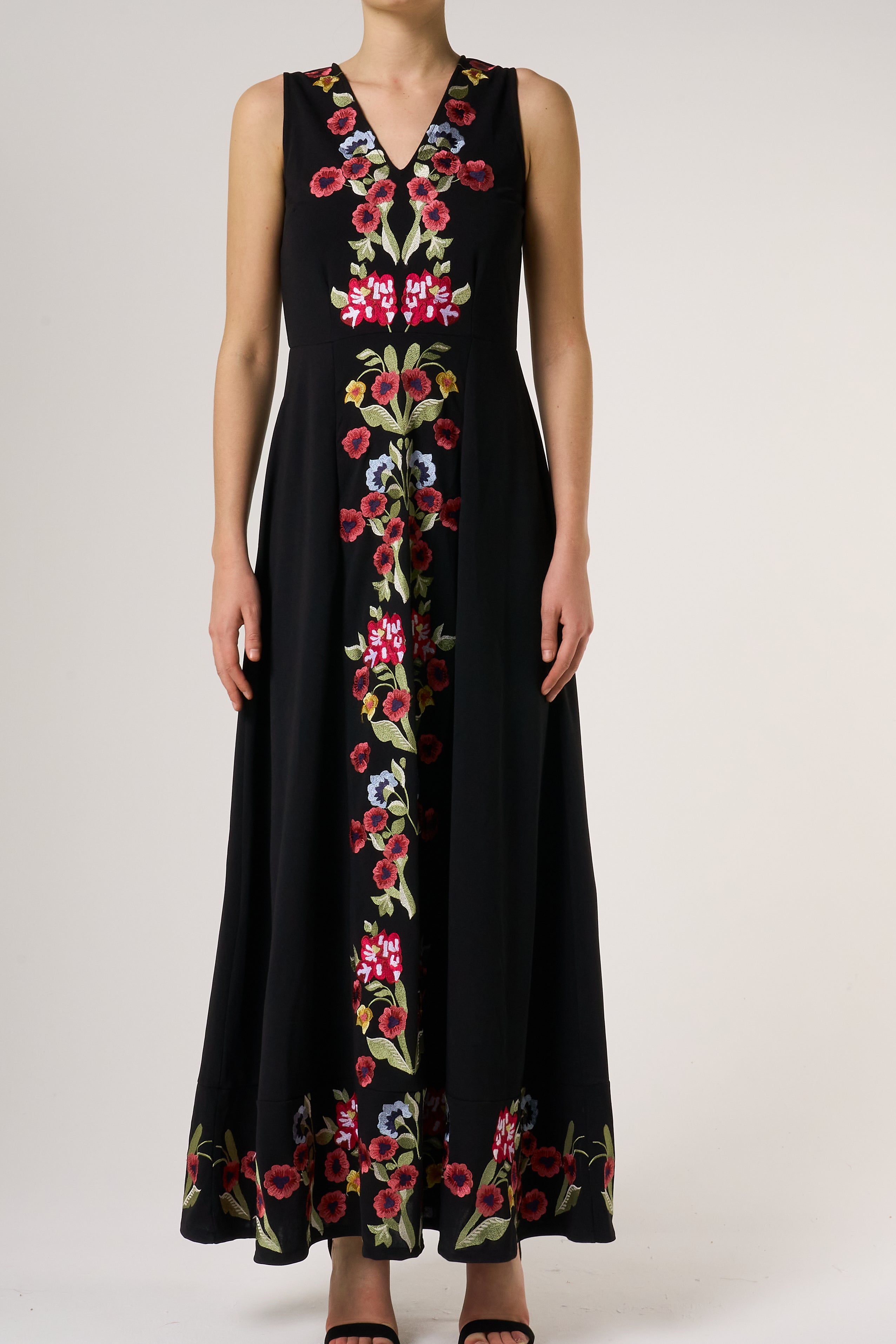 Valentina Black Floral Embroidered Maxi Dress with Pleated Cape Frock and Frill Valentina Black Floral Embroidered Maxi Dress with Pleated Cape Frock and Frill