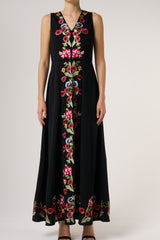 Valentina Black Floral Embroidered Maxi Dress with Pleated Cape