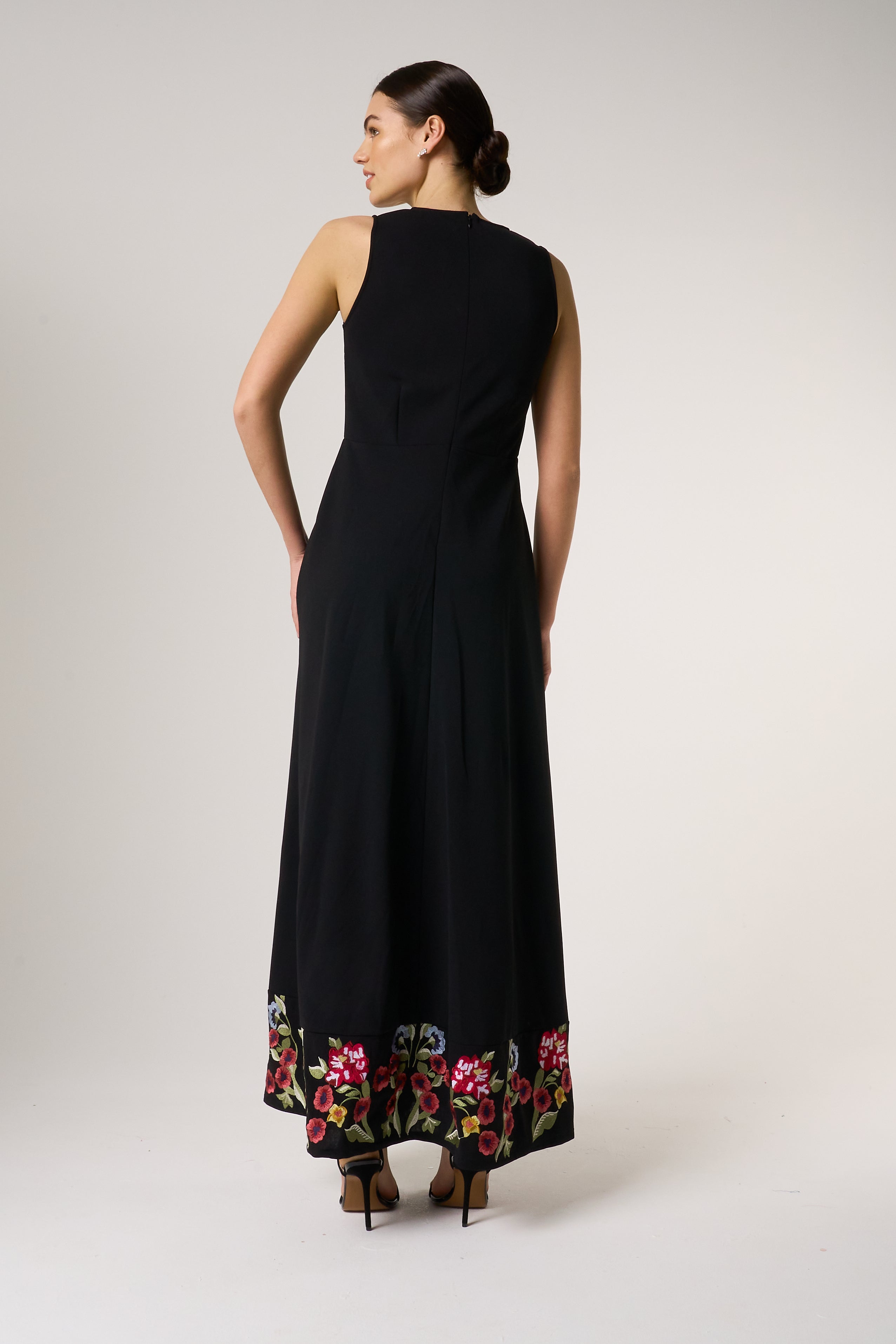 Valentina Black Floral Embroidered Maxi Dress with Pleated Cape Frock and Frill Valentina Black Floral Embroidered Maxi Dress with Pleated Cape Frock and Frill