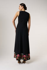 Valentina Black Floral Embroidered Maxi Dress with Pleated Cape