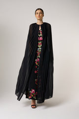 Valentina Black Floral Embroidered Maxi Dress with Pleated Cape