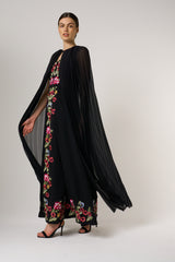 Valentina Black Floral Embroidered Maxi Dress with Pleated Cape