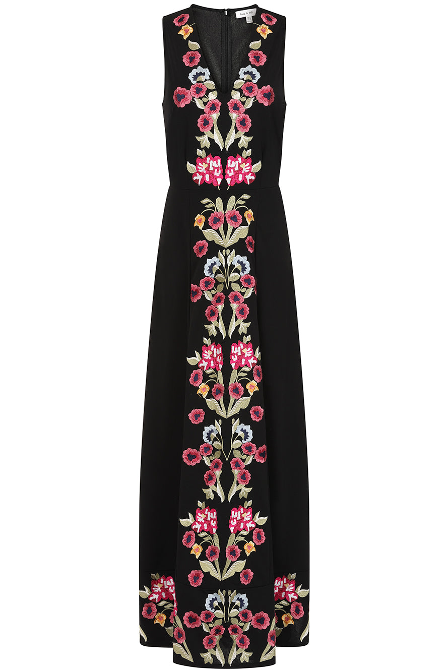 Valentina Black Floral Embroidered Maxi Dress with Pleated Cape – Frock