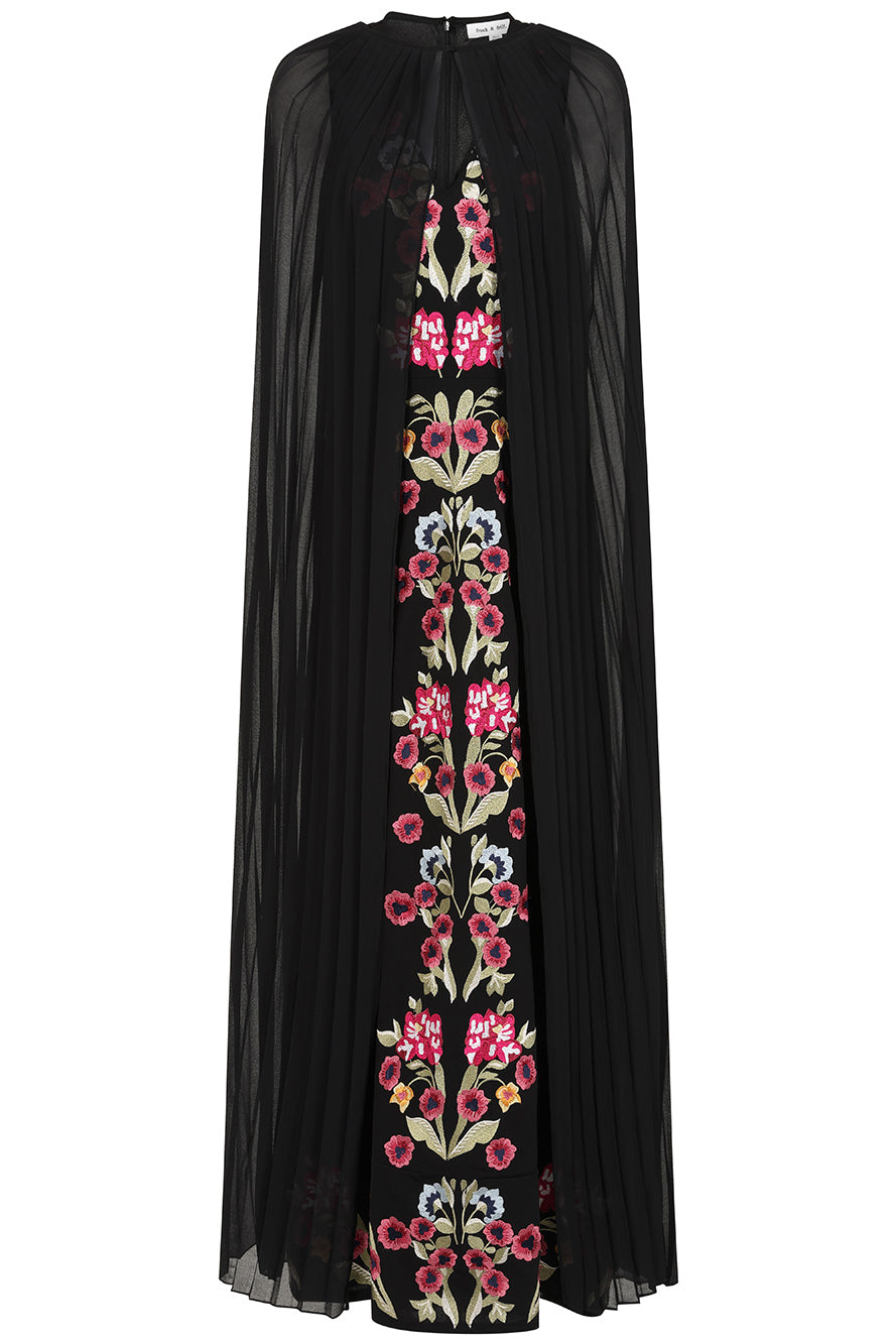 Valentina Black Floral Embroidered Maxi Dress with Pleated Cape