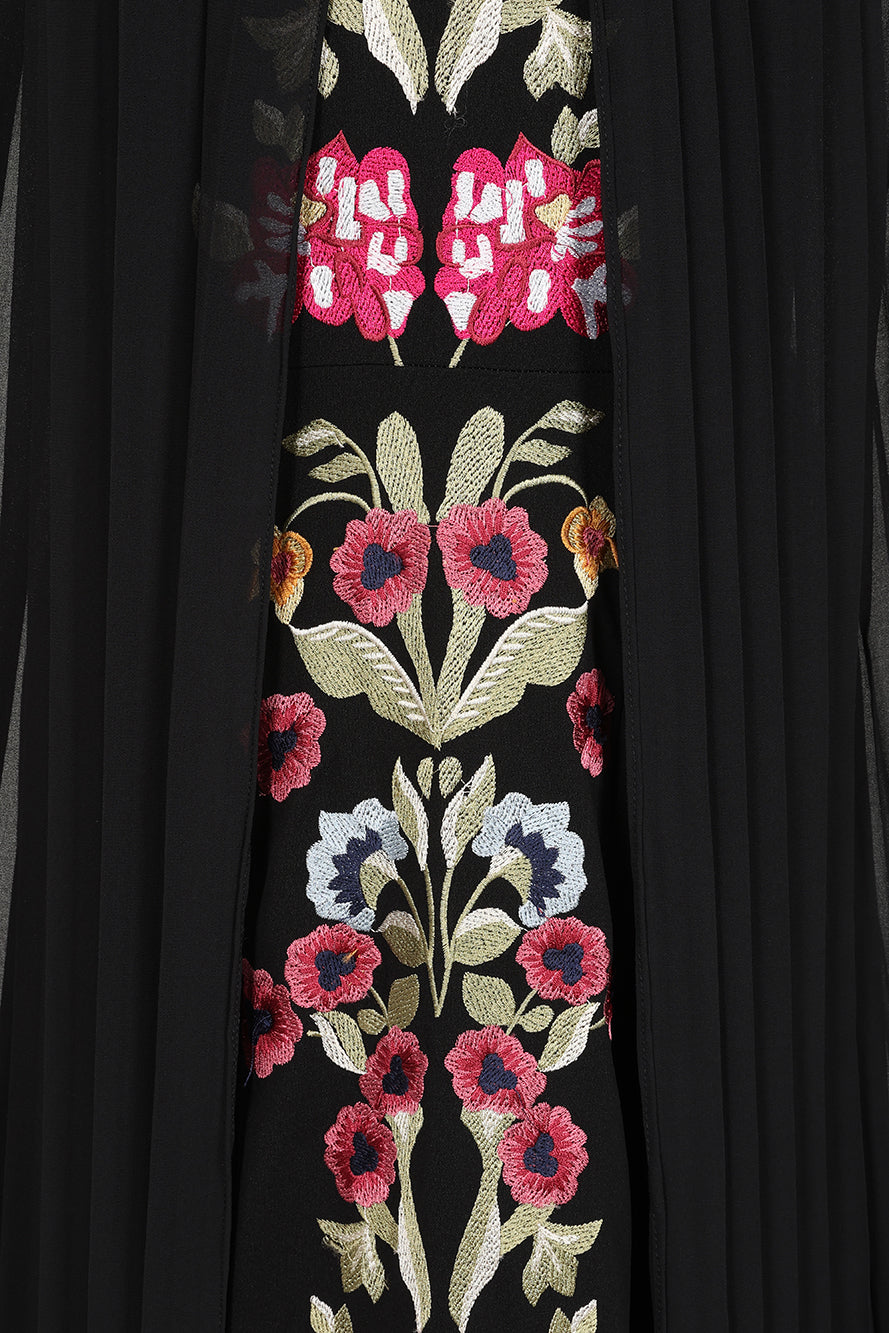 Valentina Black Floral Embroidered Maxi Dress with Pleated Cape