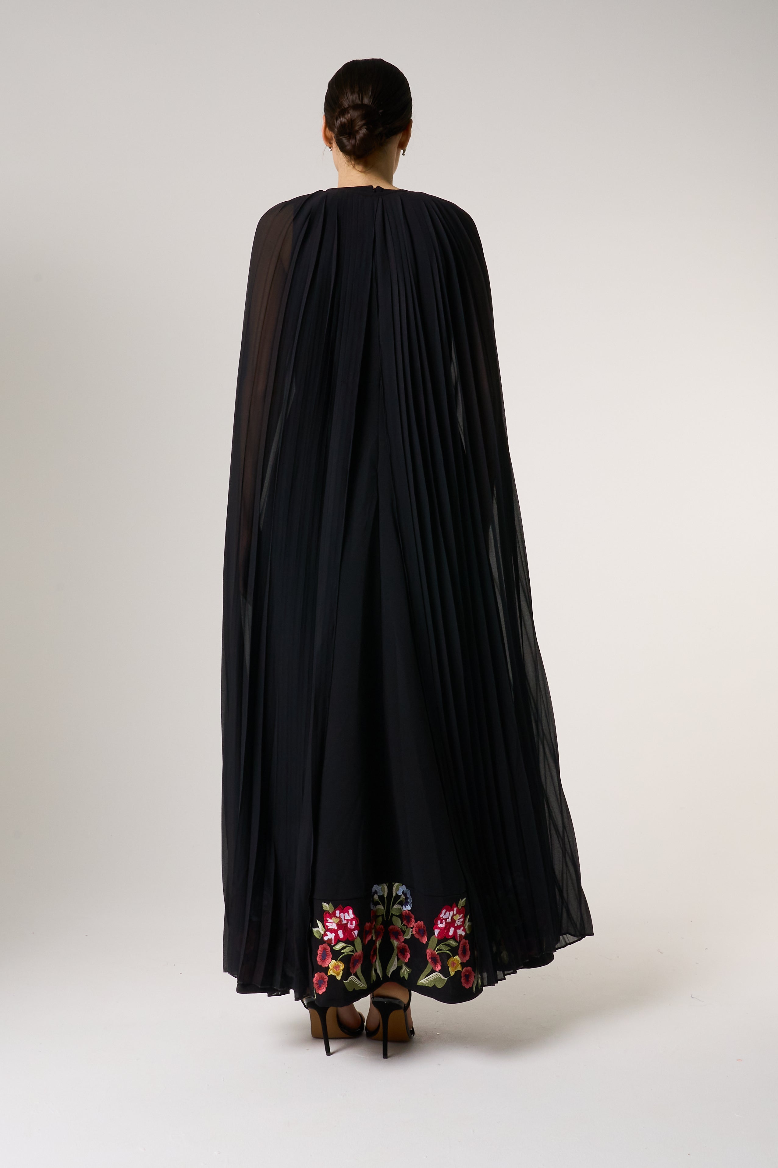 black pleated cape dress Black Pleated Cape Midi Dress
