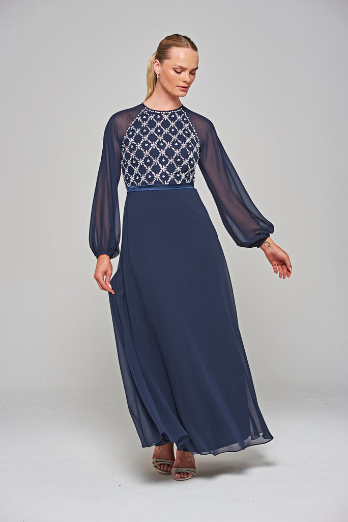Valerie Navy Embellished Maxi Dress – Frock and Frill