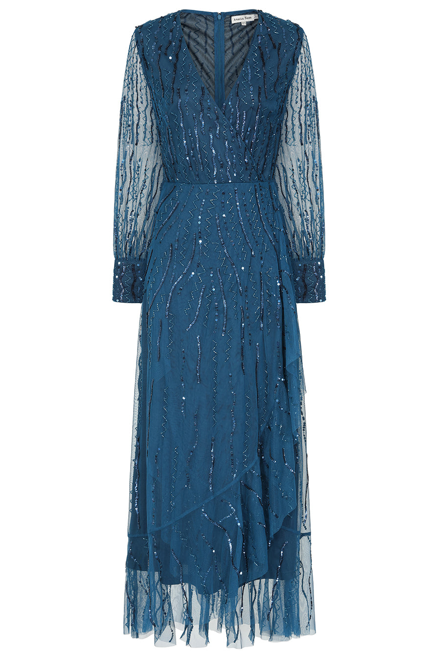 Velora skipper blue sequin midi dress with V-neckline, long sleeves, and fit-and-flare silhouette, perfect for evening events, weddings, and parties.